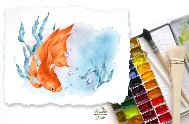 Goldfish. Under water (backgrounds). Mockup. Watercolor hand-drawn clip art by MyAquarelleGarden.