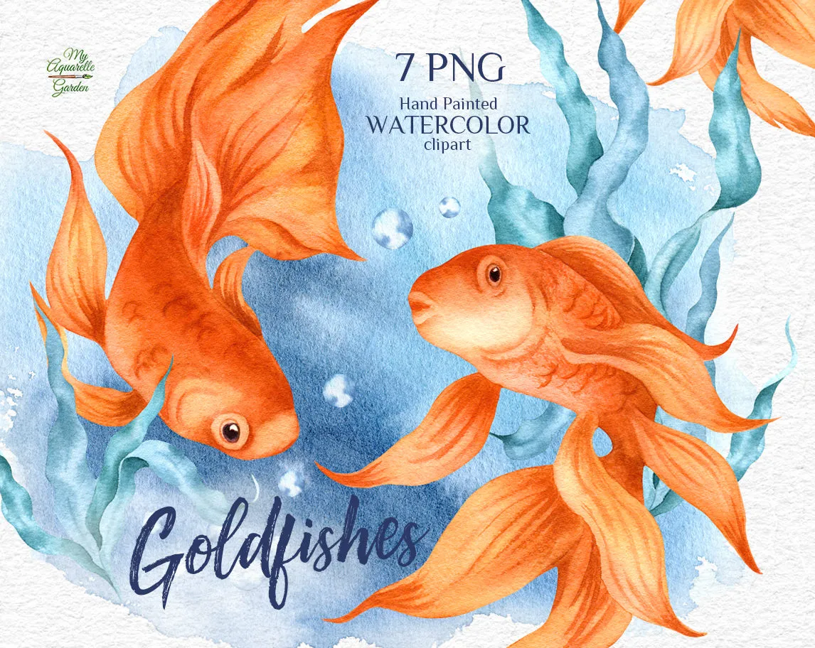 Goldfish. Watercolor hand-drawn clip art by MyAquarelleGarden. Cover.