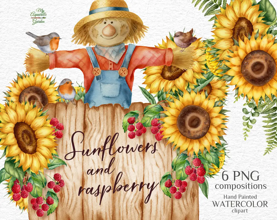 Gardening. Scarecrow, sunflowers, raspberry, fence. Watercolor hand-painted clip art. Cover.
