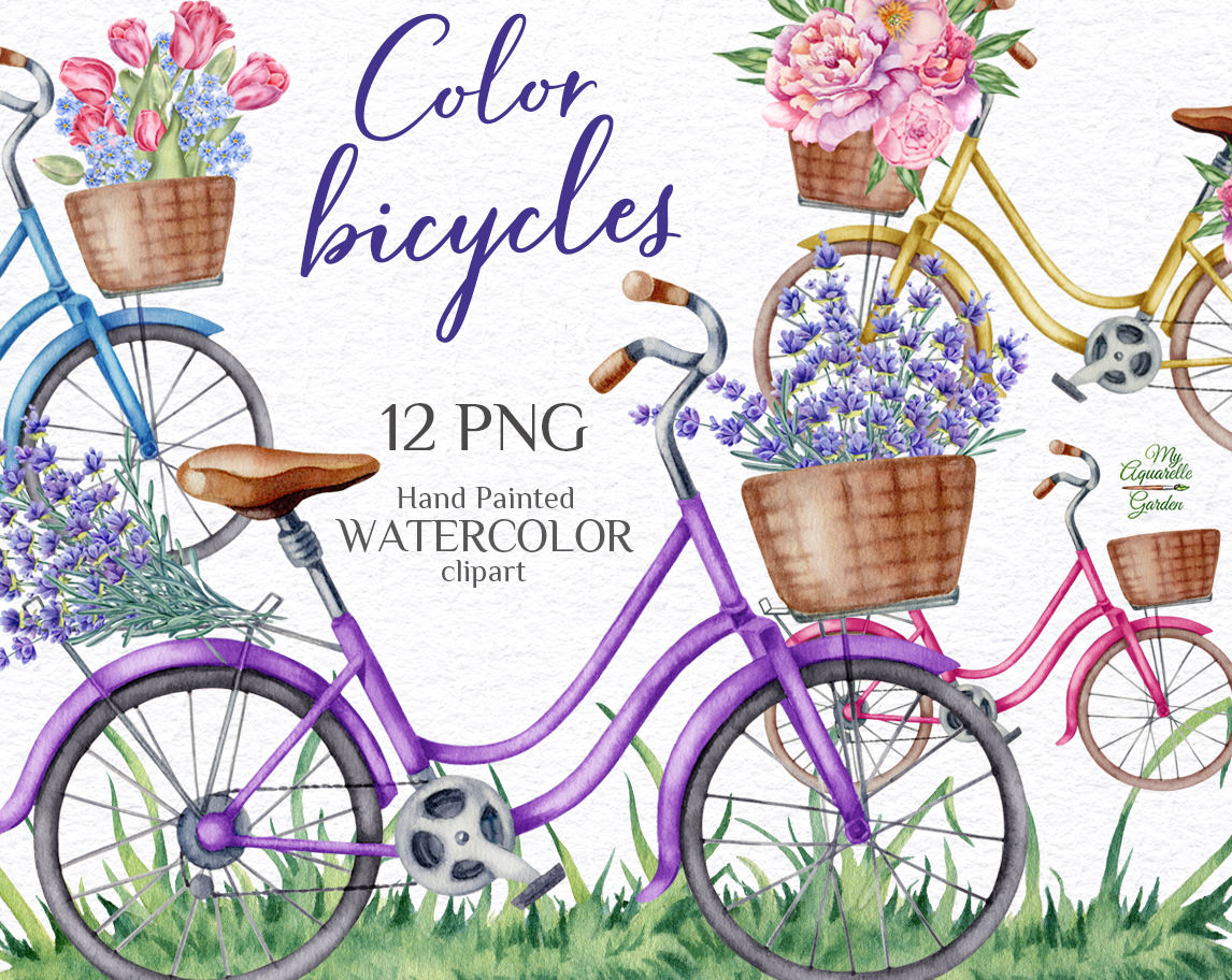 Bicycle on the beach. Watercolor hand-painted clip art. Cover.