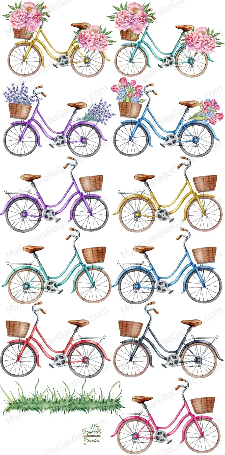 Coloured bicycles. Watercolor hand-painted clip art.