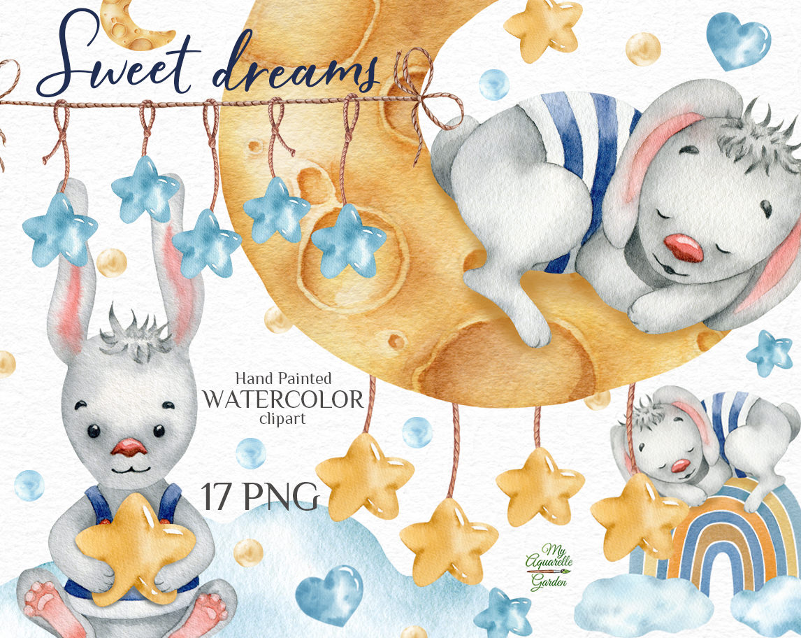 Cute bunnies. Sweet dreams. Watercolor hand-painted clipart. Watercolor hand-painted clip art. Cover.