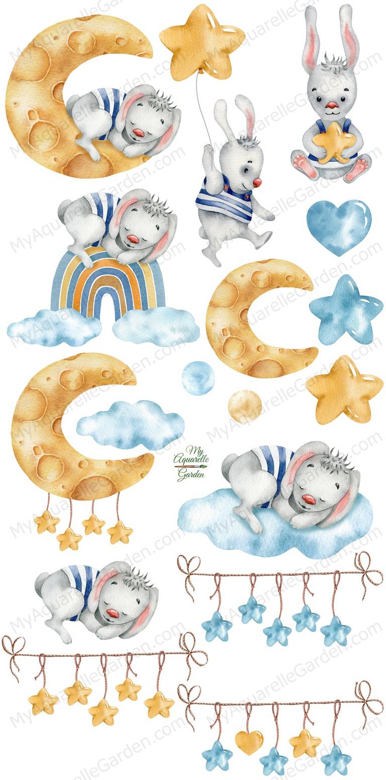 Cute bunnies. Sweet dreams. Watercolor clipart.