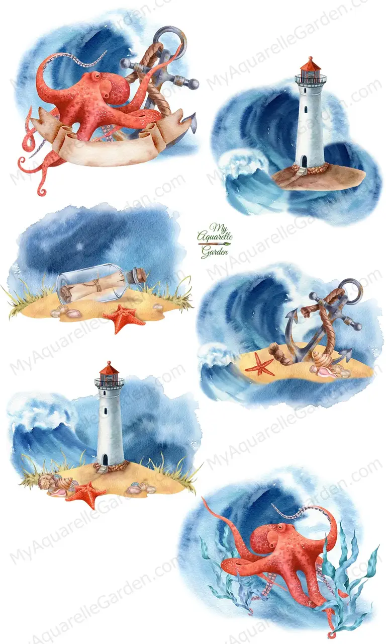 Nautical watercolor clip art. Lighthouse, anchor, octopus, sea star.