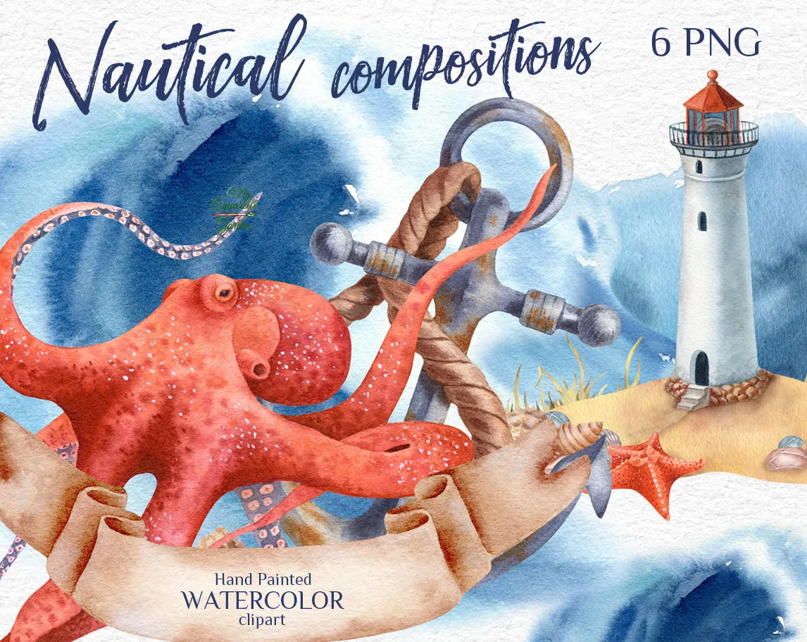 Nautical elements. Lighthouse, sailboat, anchor, spyglass, letter in a bottle, compass, sea knot. Watercolor hand-painted clip art. Cover.
