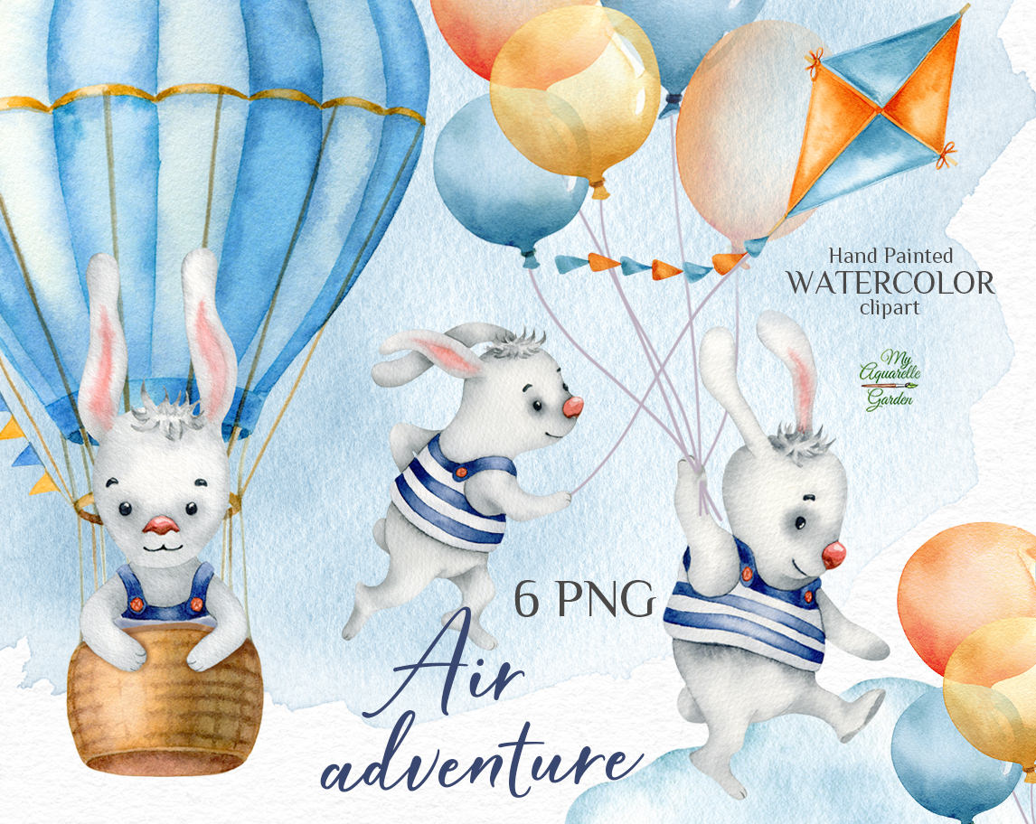 Air adventure. Cute bunny. Watercolor hand-painted clipart. Watercolor hand-painted clip art. Cover.