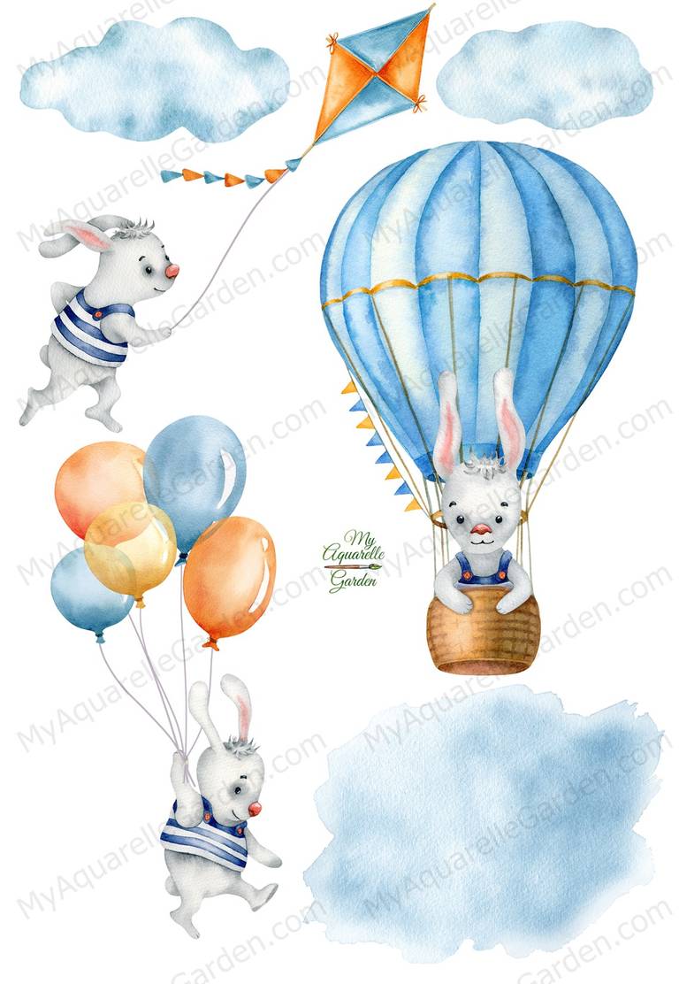 Air adventure. Cute bunny. Hot air balloon, kite, clouds. Watercolor clip art.