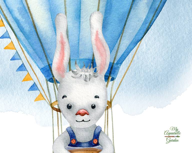 Air adventure. Cute bunny. Hot air balloon. Watercolor hand-painted clip art.