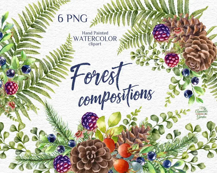 Forest plants compositions. Watercolor hand-painted clipart. Cover.