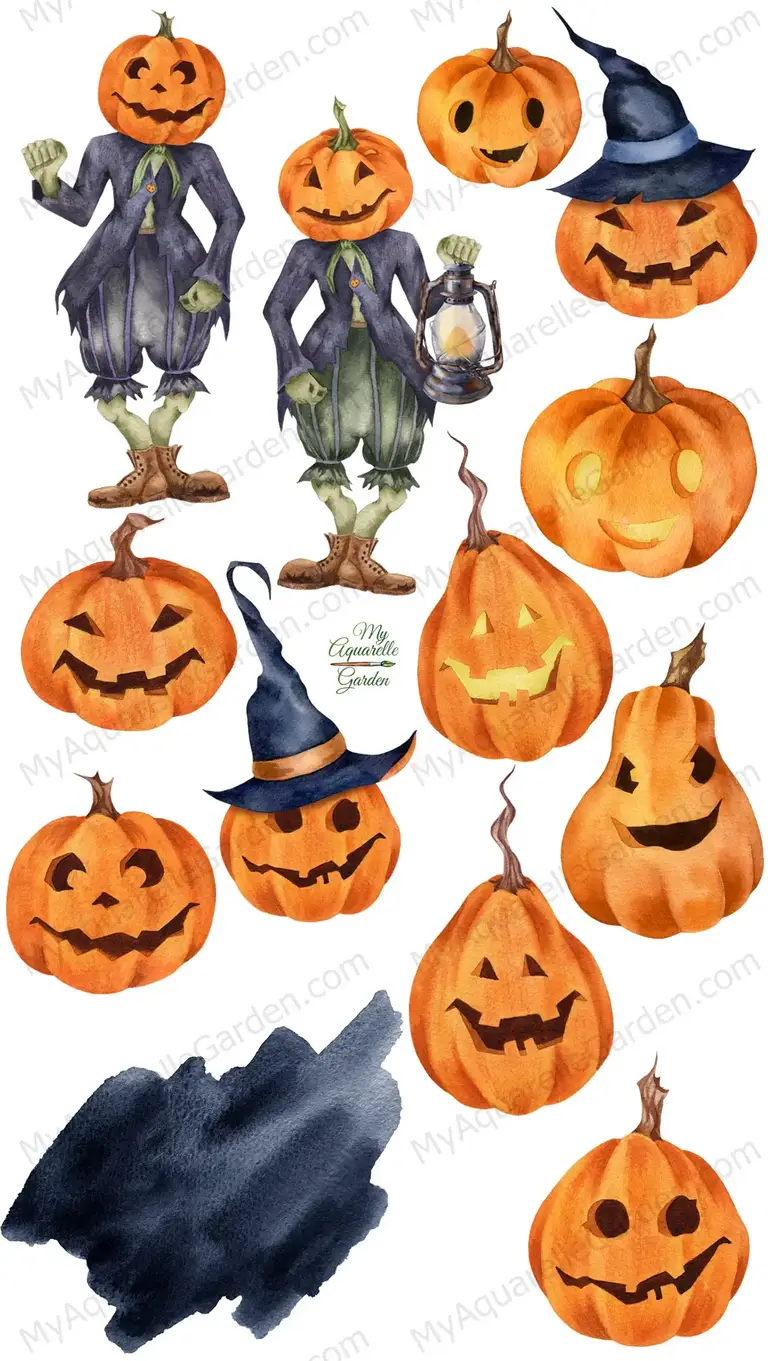 Halloween. Jack-o'-lantern. Pumpkins. Watercolor clipart.