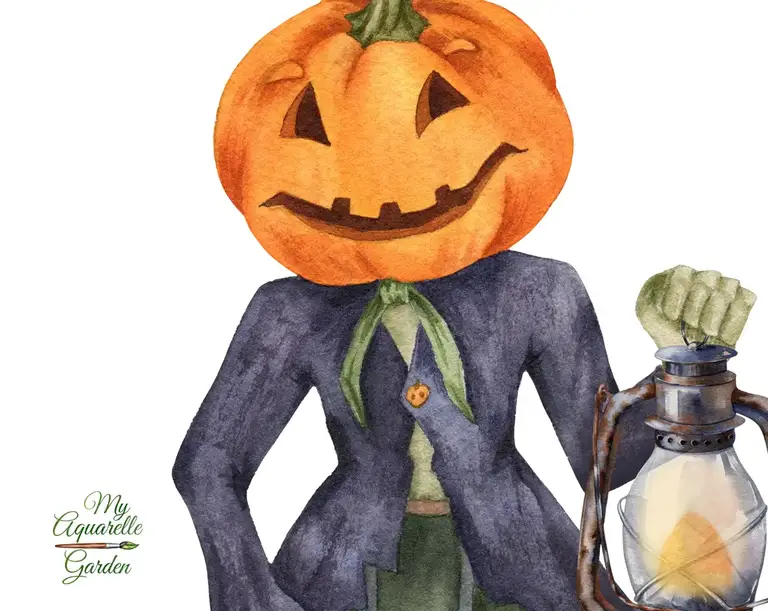 Halloween. Jack-o'-lantern. Watercolor clipart.