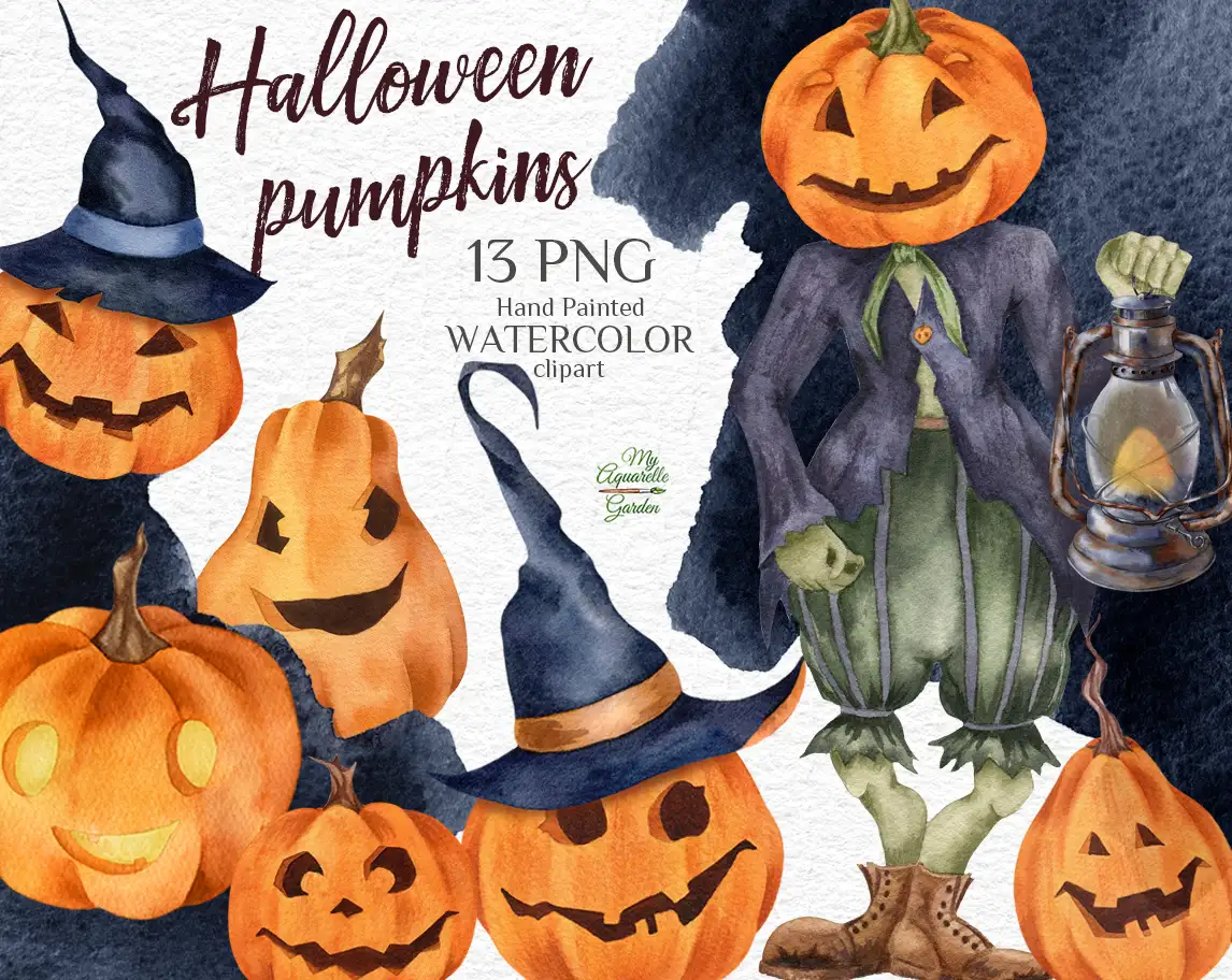 Halloween. Jack-o'-lantern. Pumpkins. Watercolor clipart. Cover.
