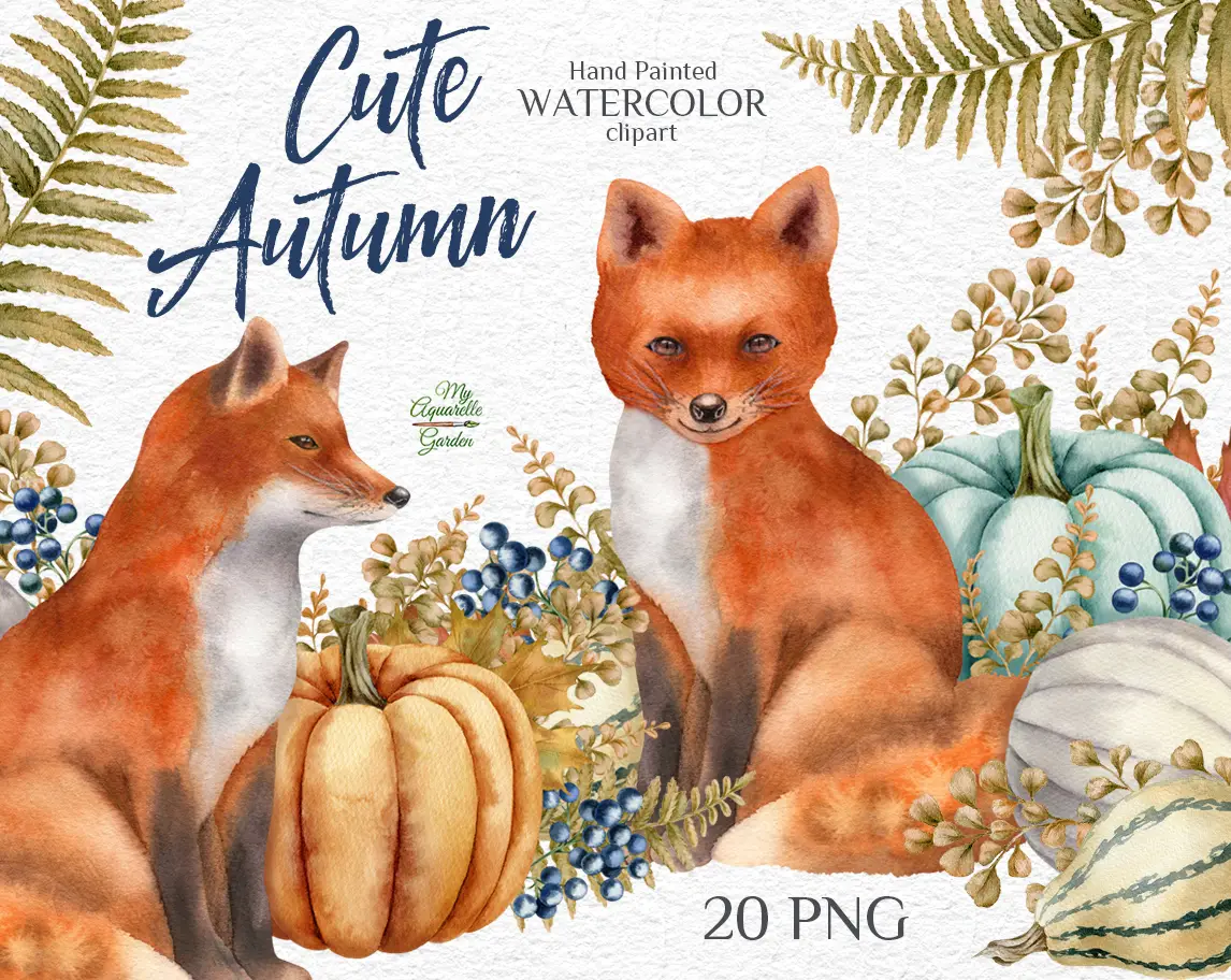 Fox, autumn leaves, pumpkins. Fall. Watercolor hand-painted clipart. Cover.
