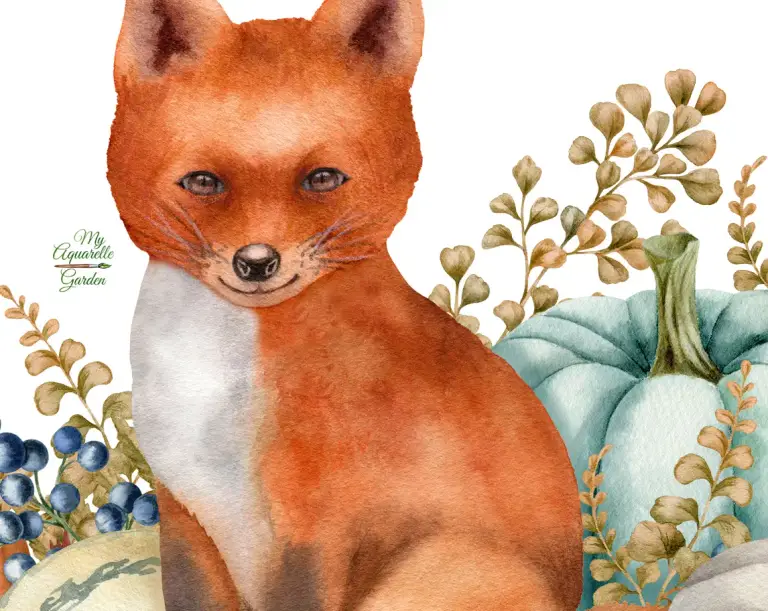 Fox, autumn leaves, pumpkins. Fall. Watercolor hand-painted clipart.