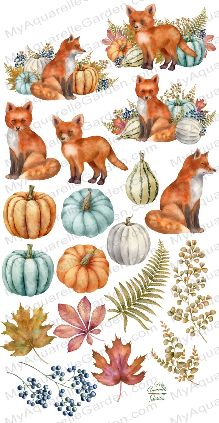 Fox, autumn leaves, pumpkins. Fall. Watercolor hand-painted clipart.