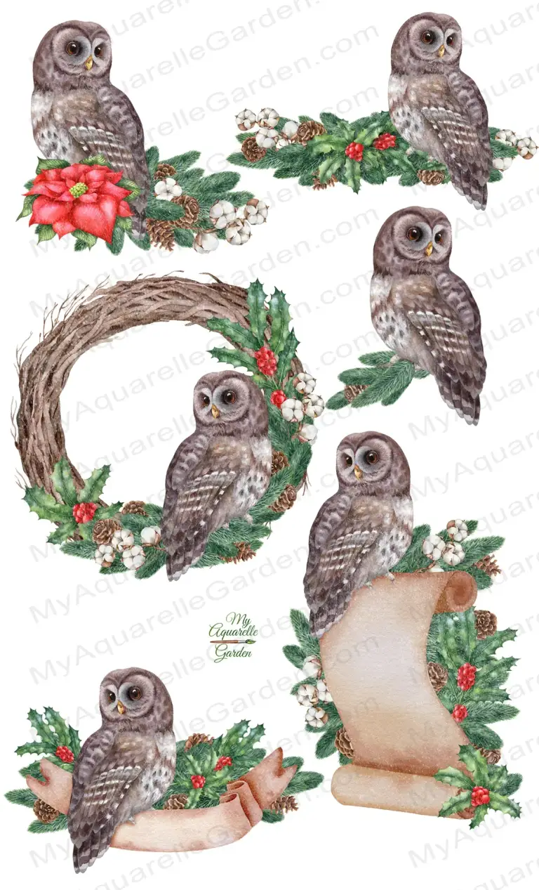 Christmas wreaths, garlands and owls. Watercolor hand-painted clipart.