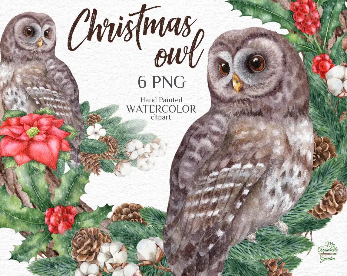 Christmas wreaths, garlands and owls. Watercolor hand-painted clipart by MyAquarelleGarden.com