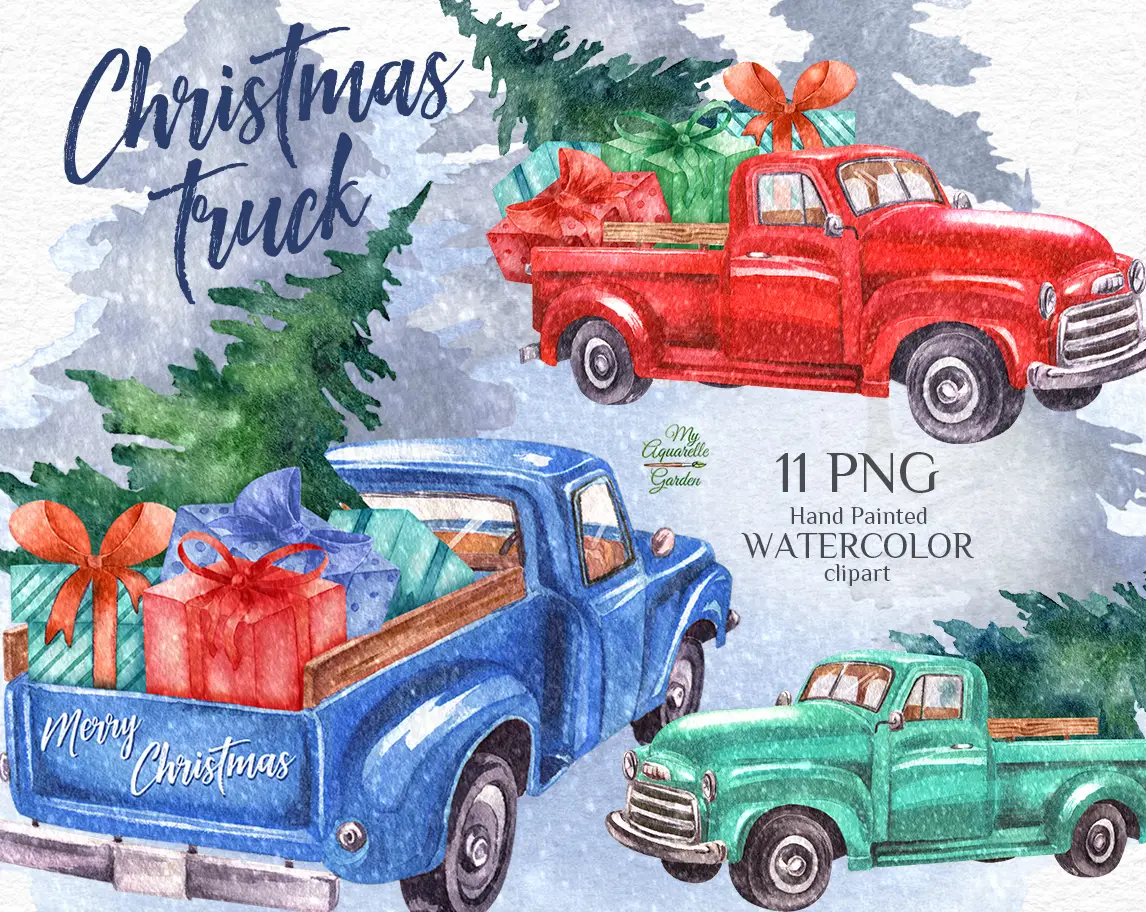 Xmas trucks and trees. Watercolor hand-painted clipart by MyAquarelleGarden.com