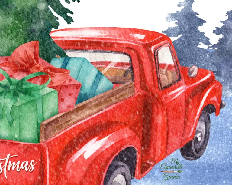 Xmas trucks and trees. Watercolor hand-painted clipart. Details.