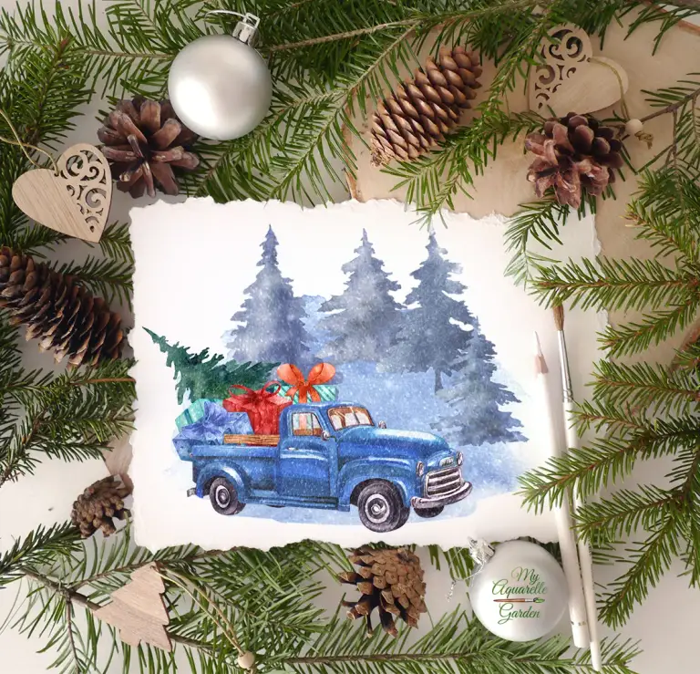 Xmas trucks and trees. Watercolor hand-painted clipart. Mockup.