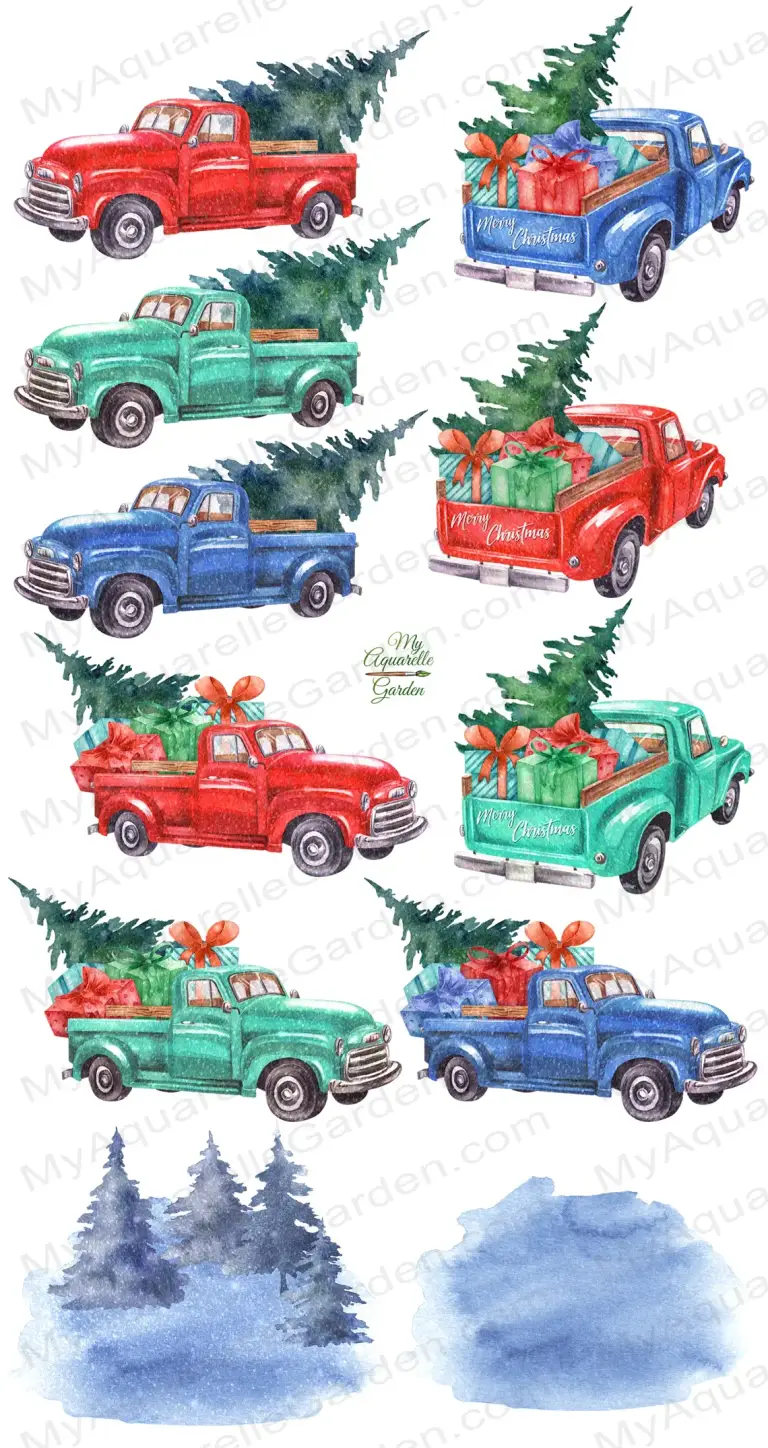 Xmas trucks and trees. Watercolor hand-painted clipart.