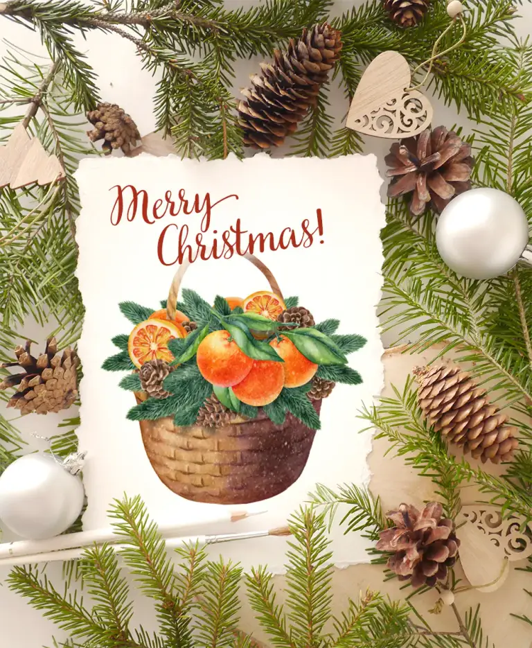 Christams wreaths. Holly, ilex garlands with tangerines, fir twigs, cones, baskets, wooden crates. Watercolor hand-painted clipart.