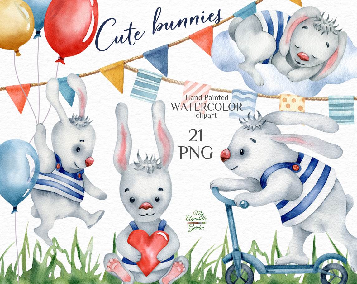 Cute bunnies. Balloons, flags, scooter, grass, carrot, cabbage.  Watercolor hand-painted clipart. Watercolor hand-painted clip art. Cover.