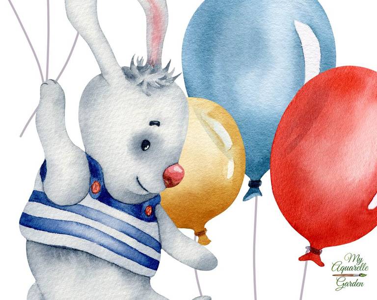 Cute bunny. Balloons. Watercolor hand-painted clip art. 