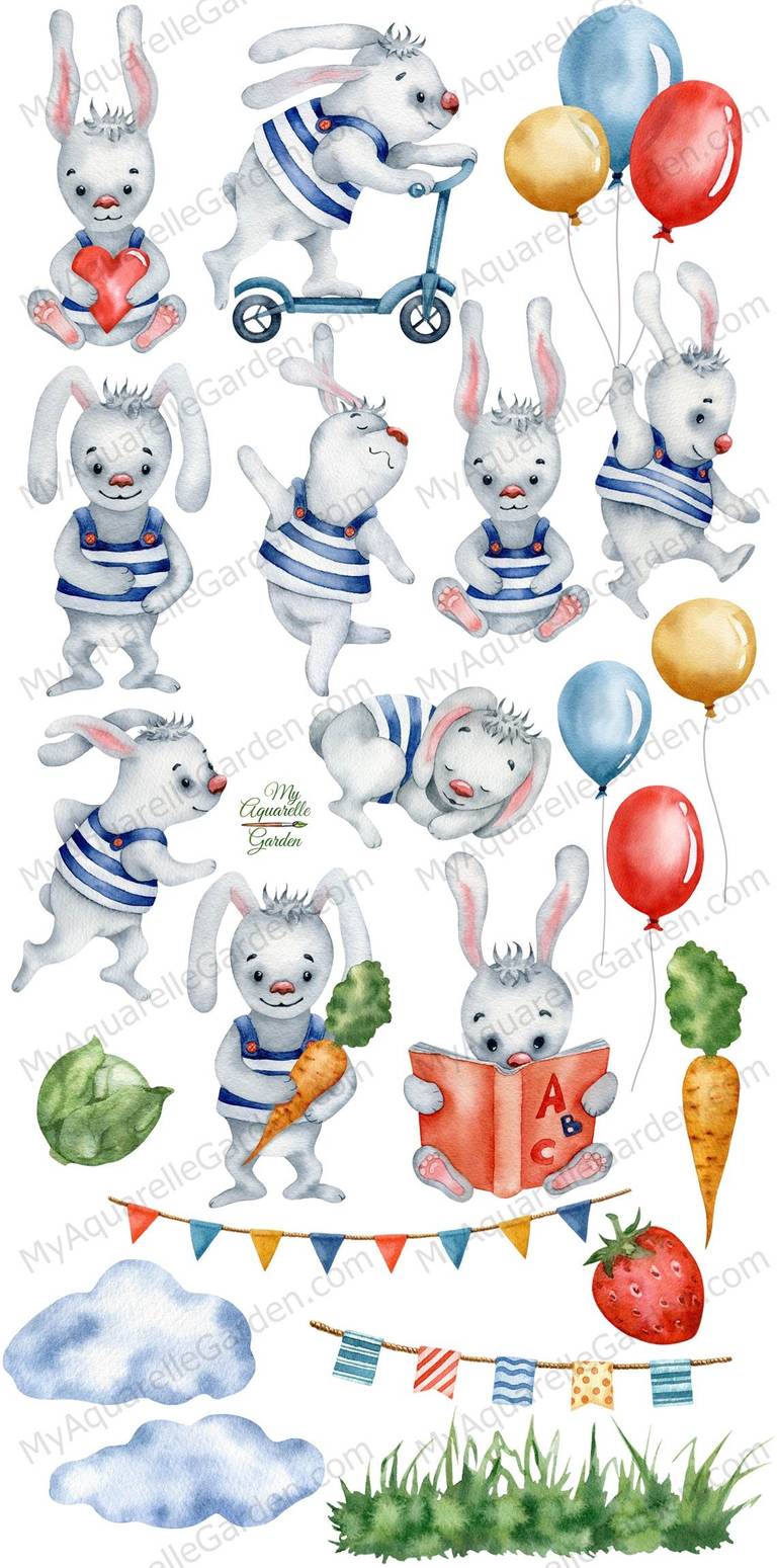 Cute bunnies. Balloons, flags, scooter, grass, carrot, cabbage. Watercolor hand-painted clip art.