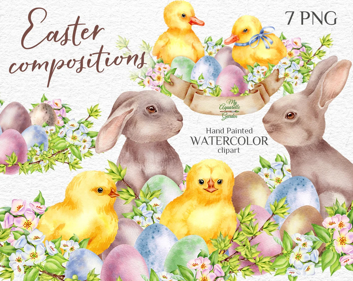 Easter compositions with bunny, chicken, duckling, flowers. Watercolor hand-painted clip art. Cover.