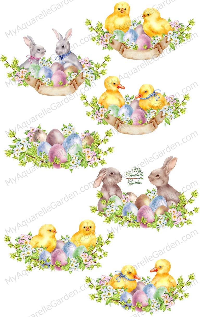 Easter compositions with bunny, chicken, duckling, flowers.
