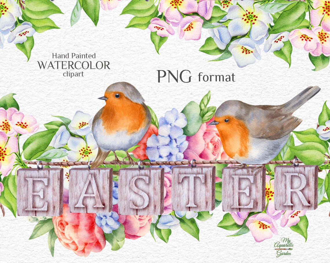 Easter robin birds, flowers and letters compositions. Watercolor hand-painted clip art. Cover.