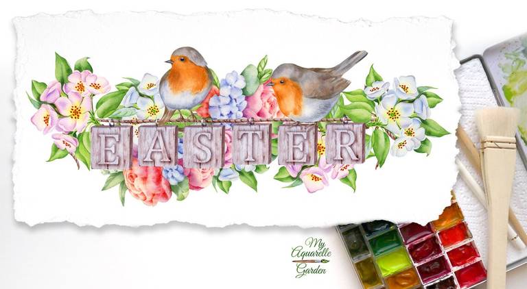 Easter robin birds, flowers and letters compositions. Watercolor clipart.