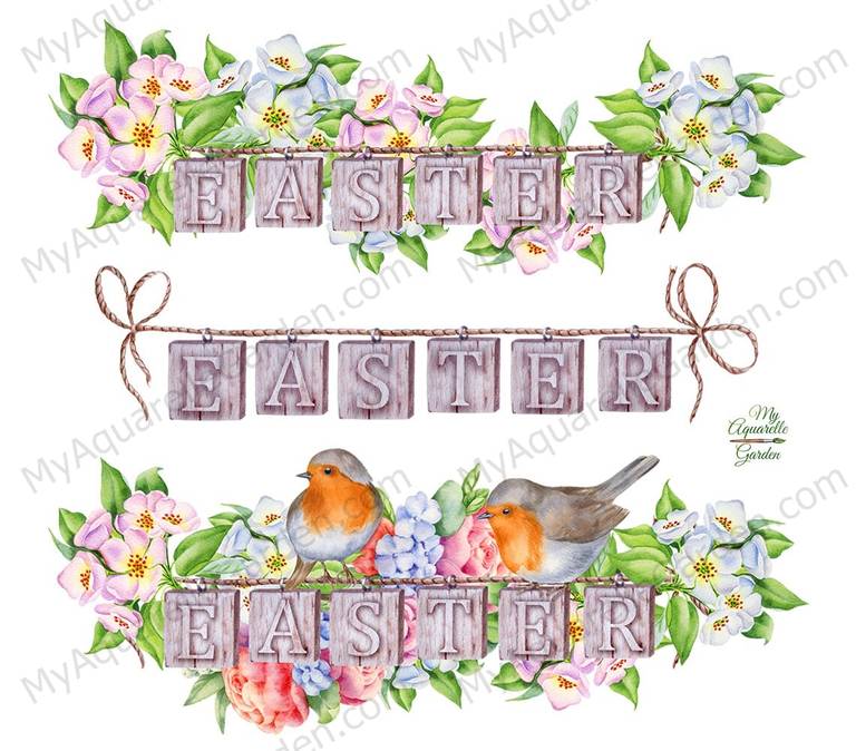 Easter robin birds, flowers and letters compositions. Watercolor clipart.