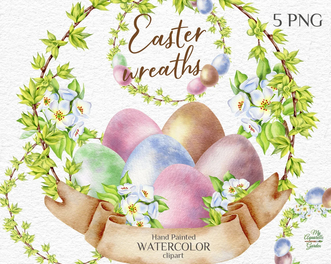 Easter wreaths with eggs and flowers. Watercolor hand-painted clip art. Cover.
