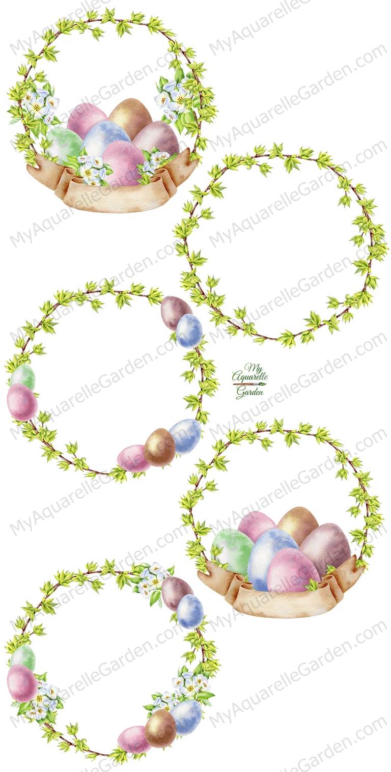 Easter wreaths with eggs and flowers. Watercolor clipart.