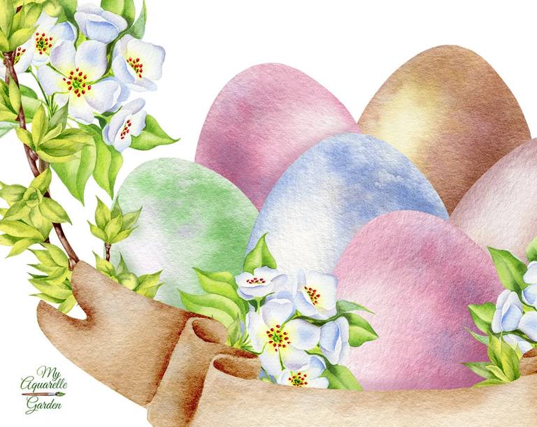 Easter wreaths with eggs and flowers. Watercolor clipart.