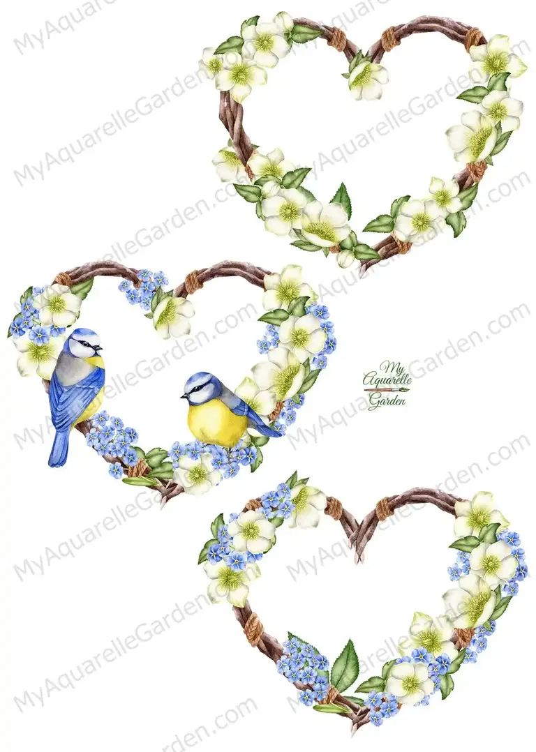Boho wreaths with hearts, flowers and titbirds. Easter and Wedding theme.