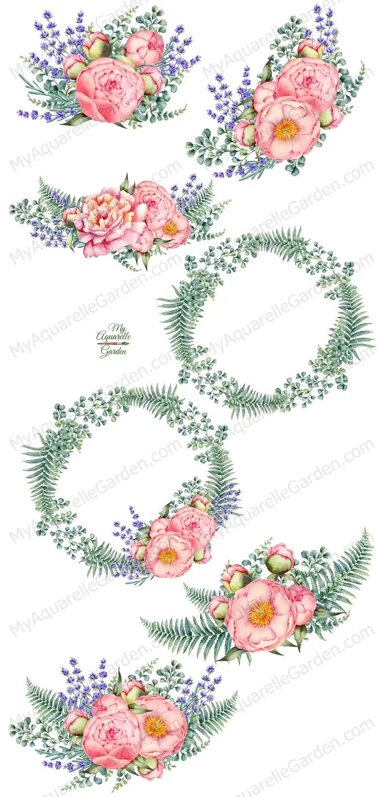 Peony bouquets. Wreaths. Watercolor hand-painted clipart.