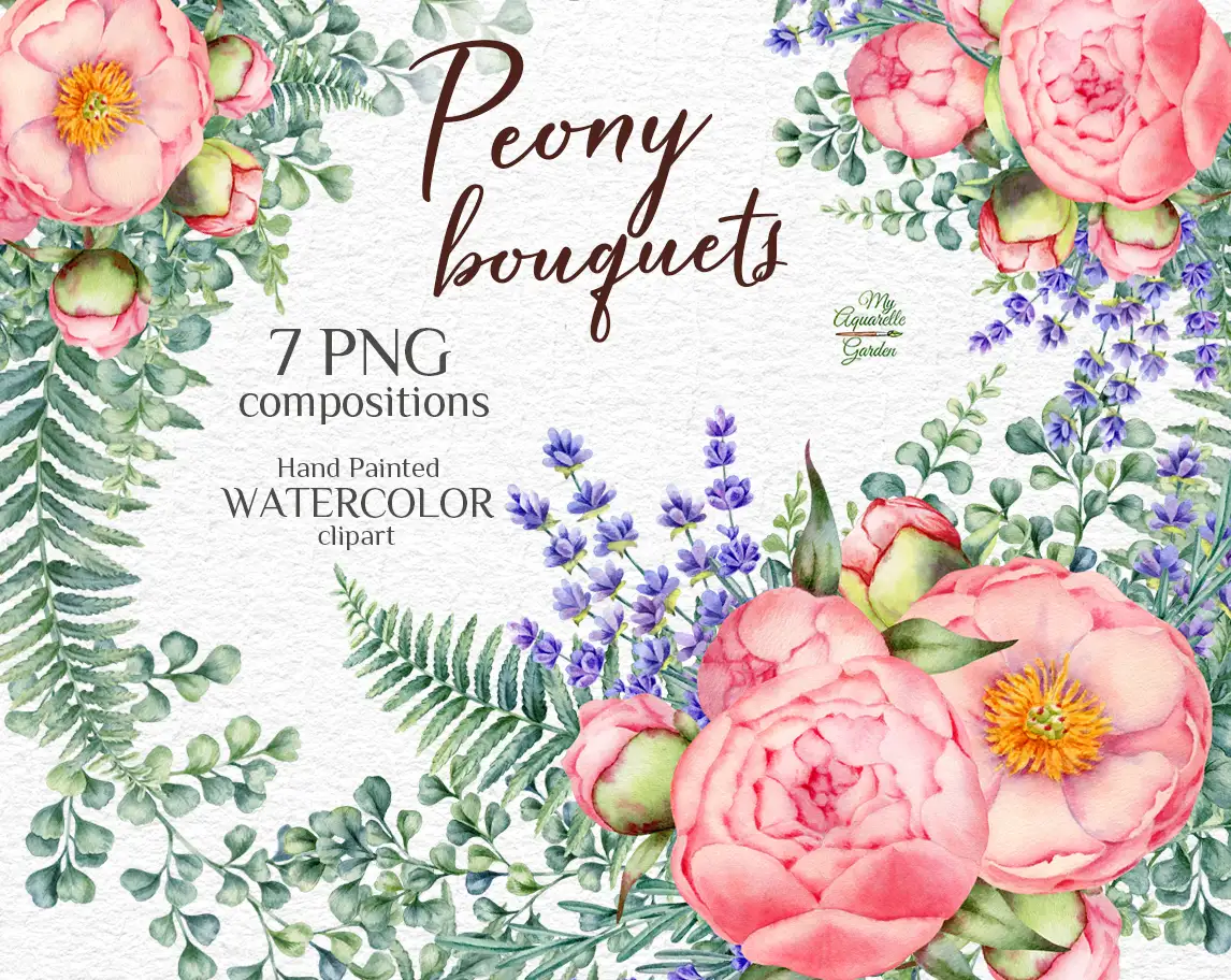 Peony bouquets. Wreaths. Watercolor hand-painted clipart. Cover.