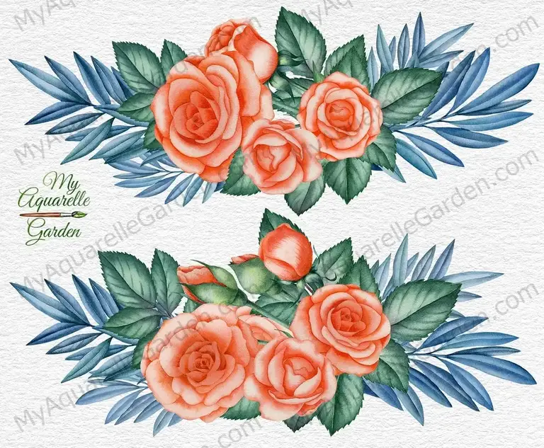 Vintage peach roses compositions. Watercolor hand-drawn clipart.