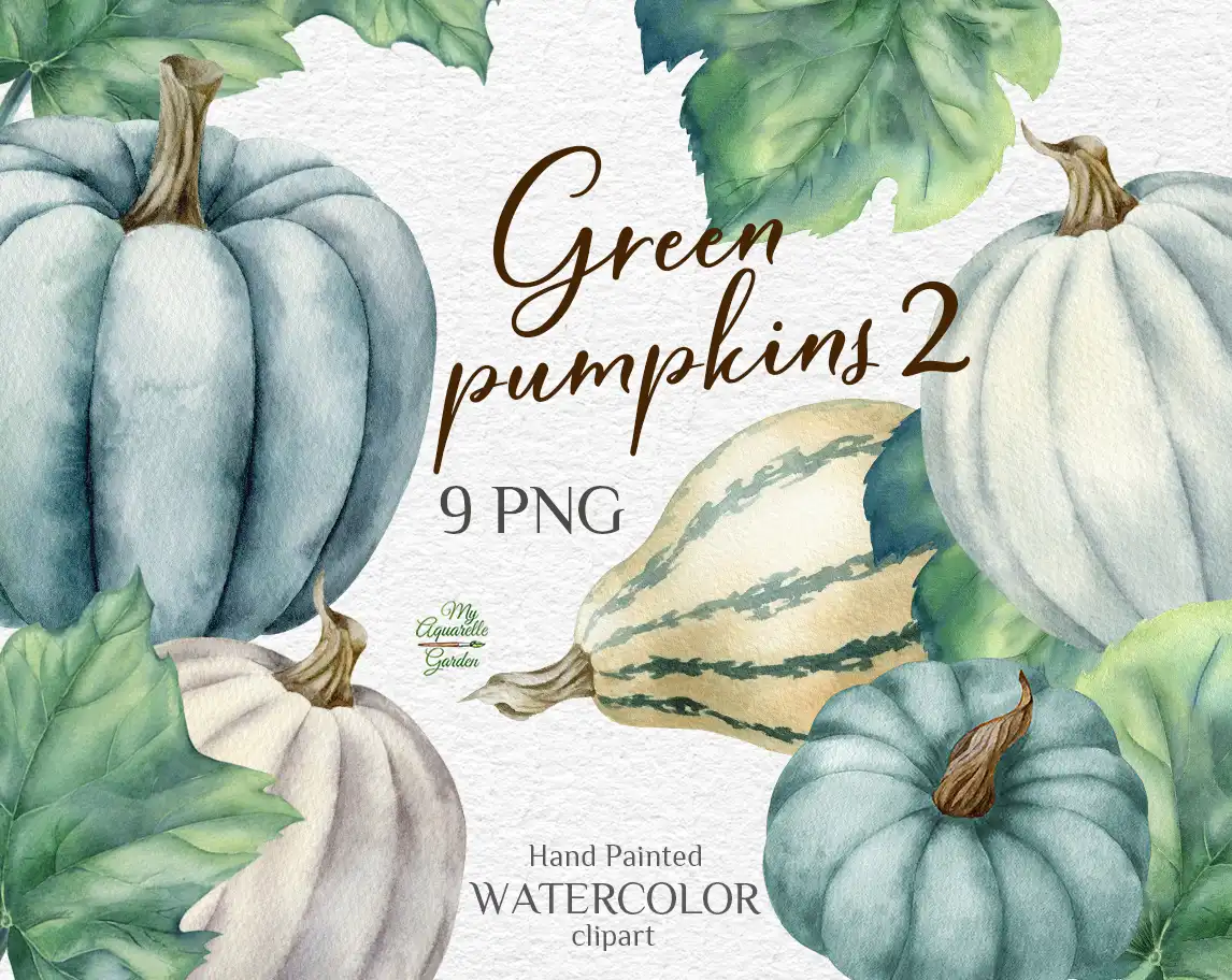 Green pumpkins and wooden road-sign. Watercolor hand-painted clipart.