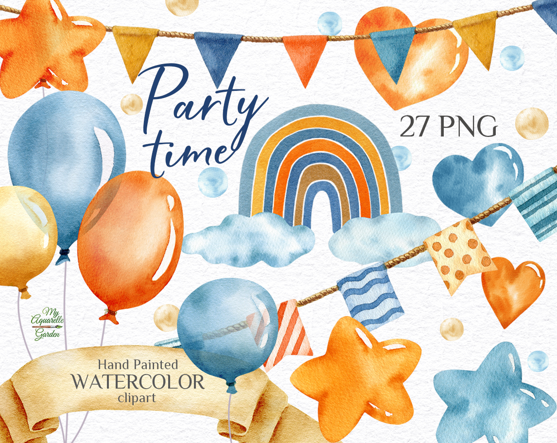 Party decoration. Printable balloons, flags, stars, banners. Watercolor hand-painted clip art. Cover.