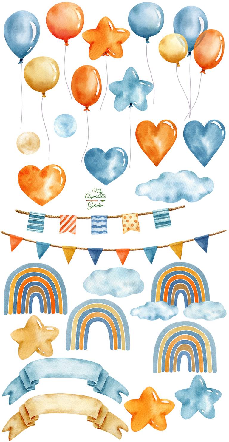 Party decor. Balloons, flags. Watercolor hand-painted clip art. 
