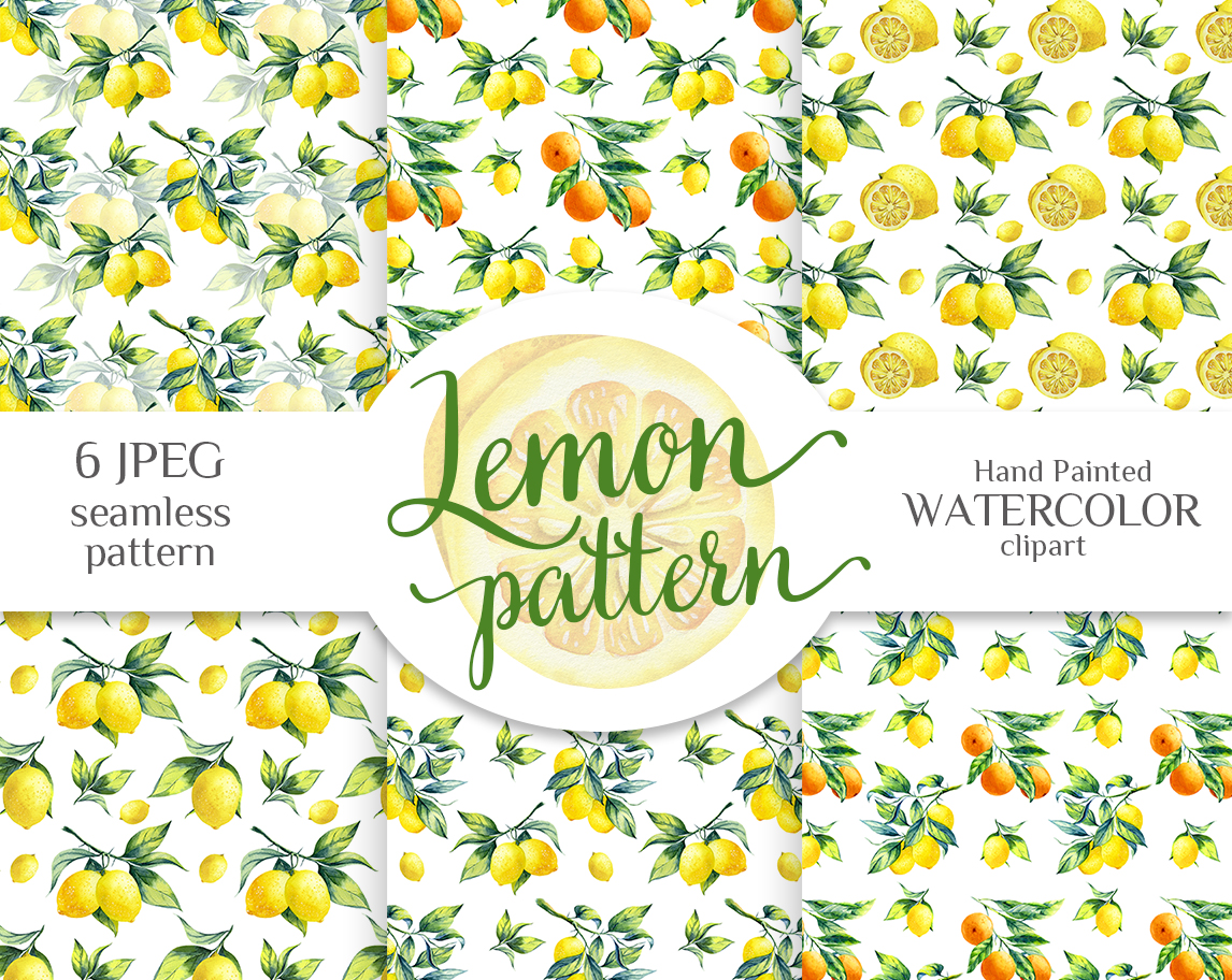 Lemon fruits & leaves seamless patterns / digital papers. Watercolor hand-painted clip art by MyAquarelleGarden.