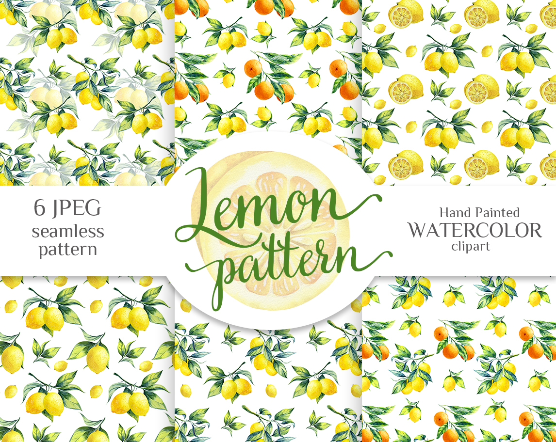 Lemon fruits & leaves seamless patterns / digital papers. Watercolor hand-painted clip art by MyAquarelleGarden.