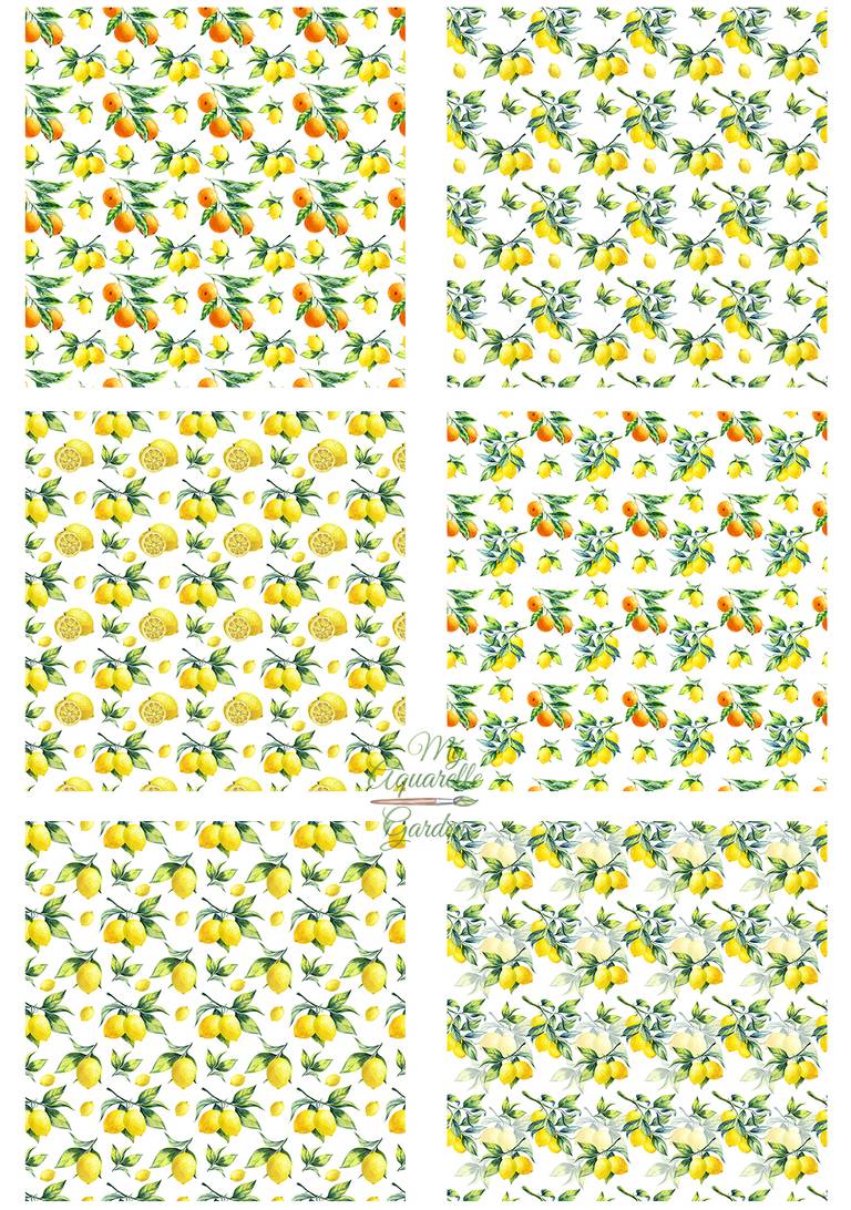 Lemon fruits & leaves seamless patterns. Watercolor hand-painted clipart.