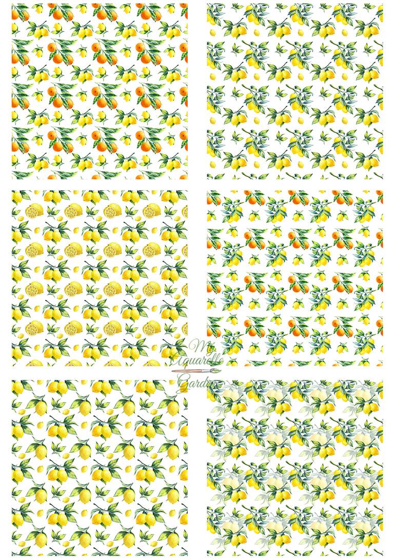 Lemon fruits & leaves seamless patterns. Watercolor hand-painted clipart.