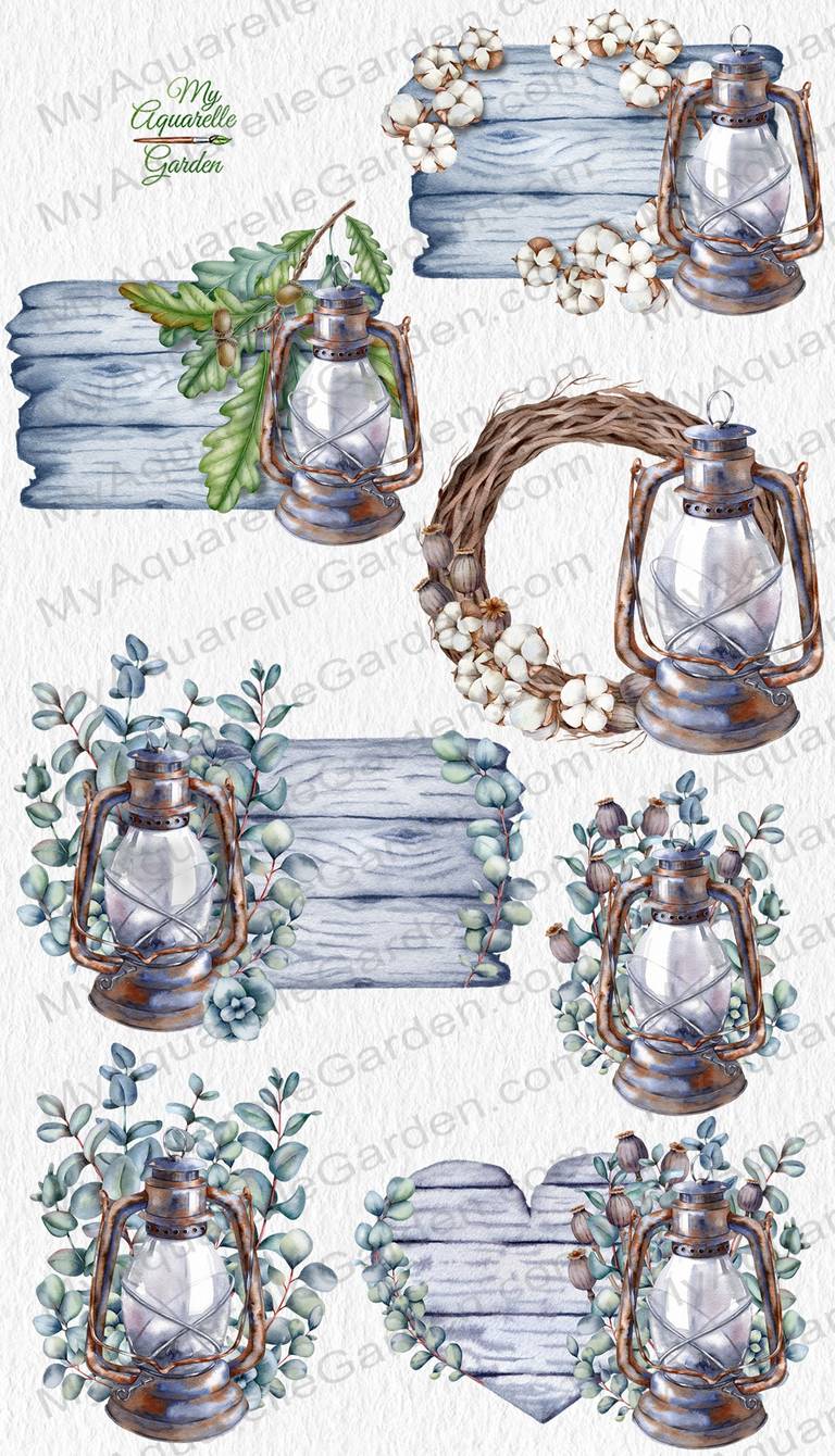 Old kerosene lamp and wreaths. Rustic style. Gardening theme. Watercolor hand-painted clipart.