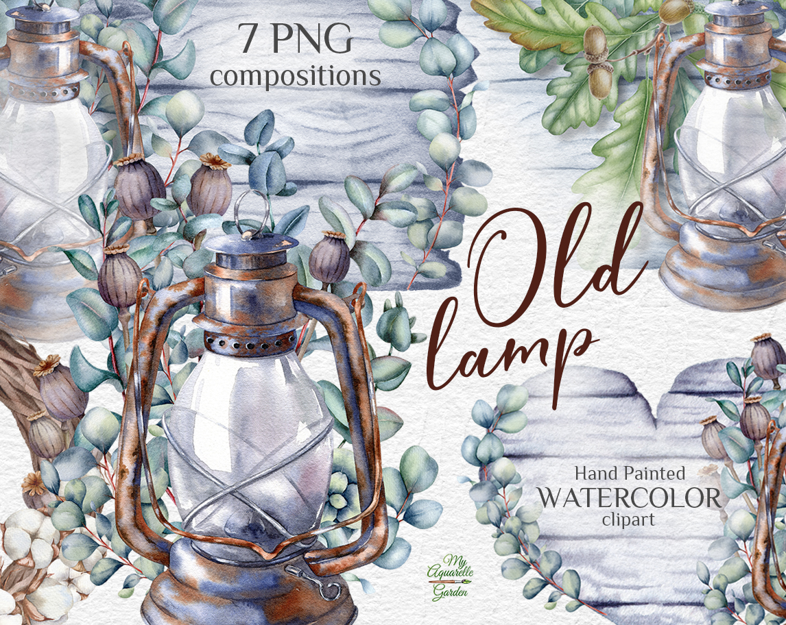 Old kerosene lamp and wreaths. Rustic style. Gardening theme. Watercolor hand-painted clipart. Cover